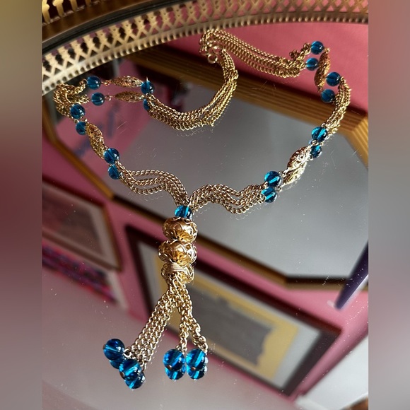 Jewelry - 1960's Azure Nights Retro Gold Tassel Y Chain Necklace